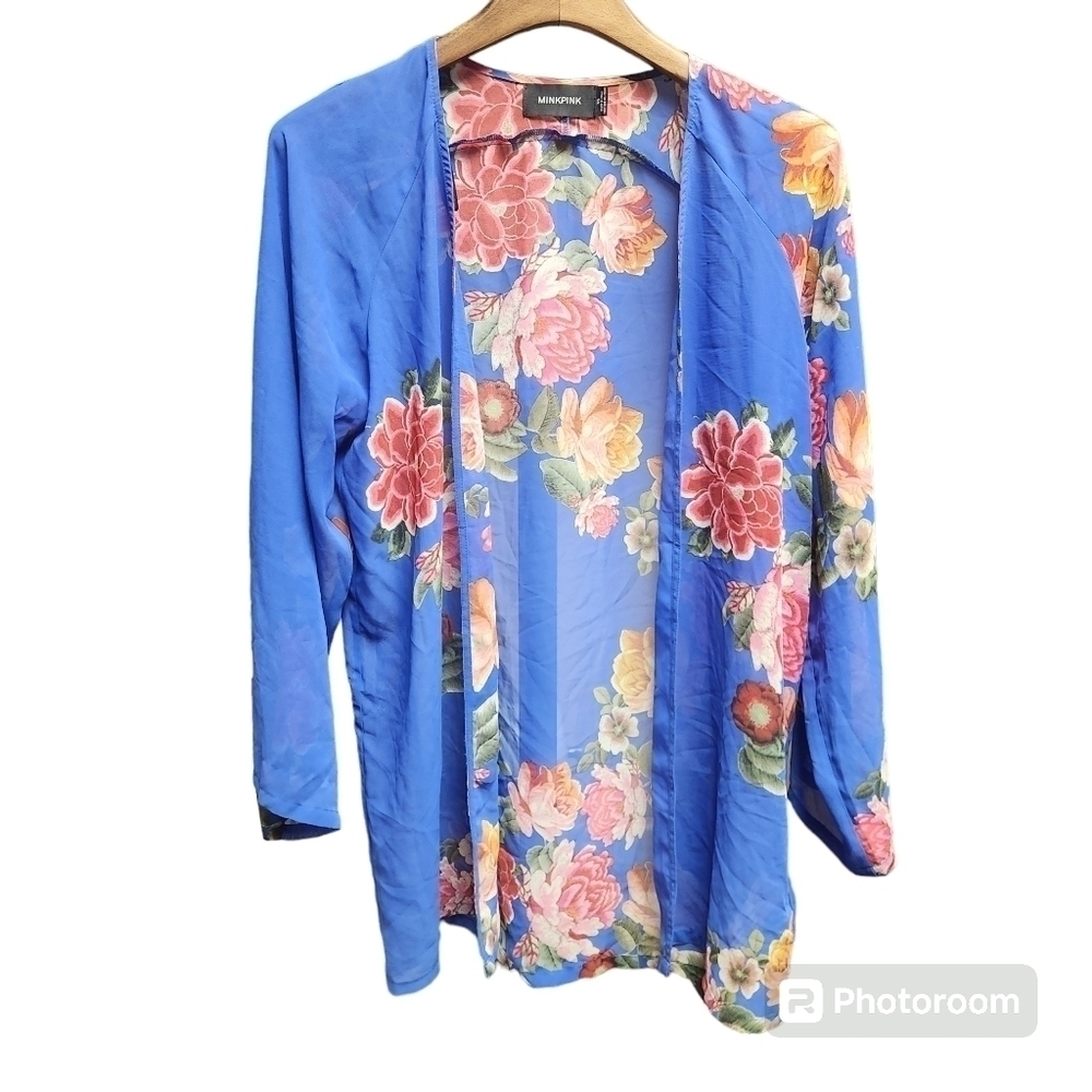 MINKPINK Blue Pink Floral Sheer Kaftan/cover up Sz.XS Summer Swim Beach Kimono